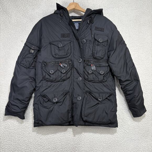 Vintage Ralph Lauren Multi Pocket Hooded Jacket Down Puffer Coat Mens Sz M Black